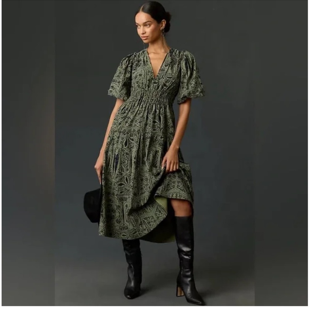 Anthropologie Olive Green Printed Midi Dress